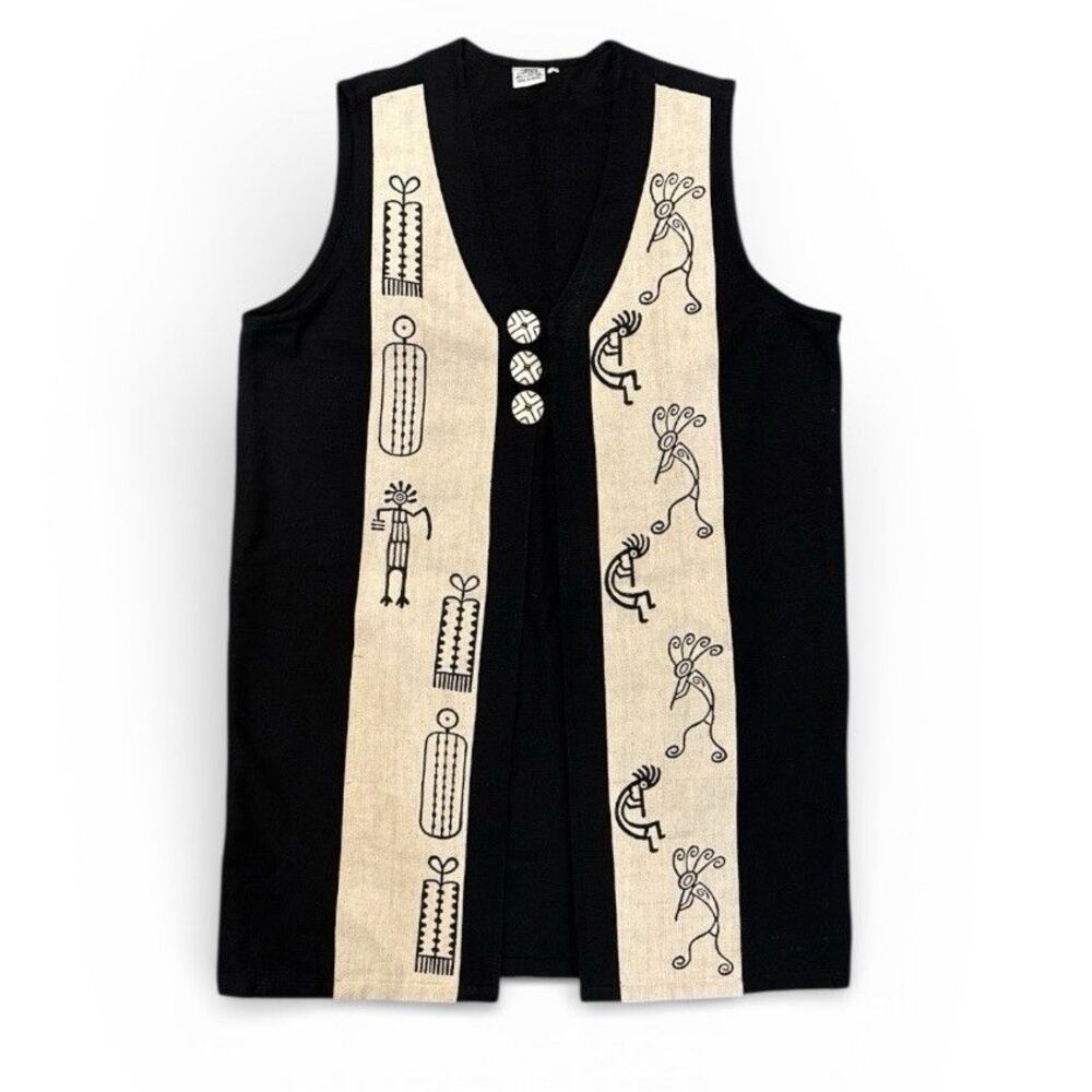 Venus Imports Long Vest Beige Black Button M/L Kokopelli Southwestern boho 90s